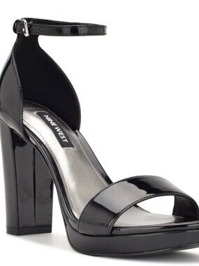 Nine West Elope Women's Platform Block Heel Dress Sandals - Black Patent/Silver
